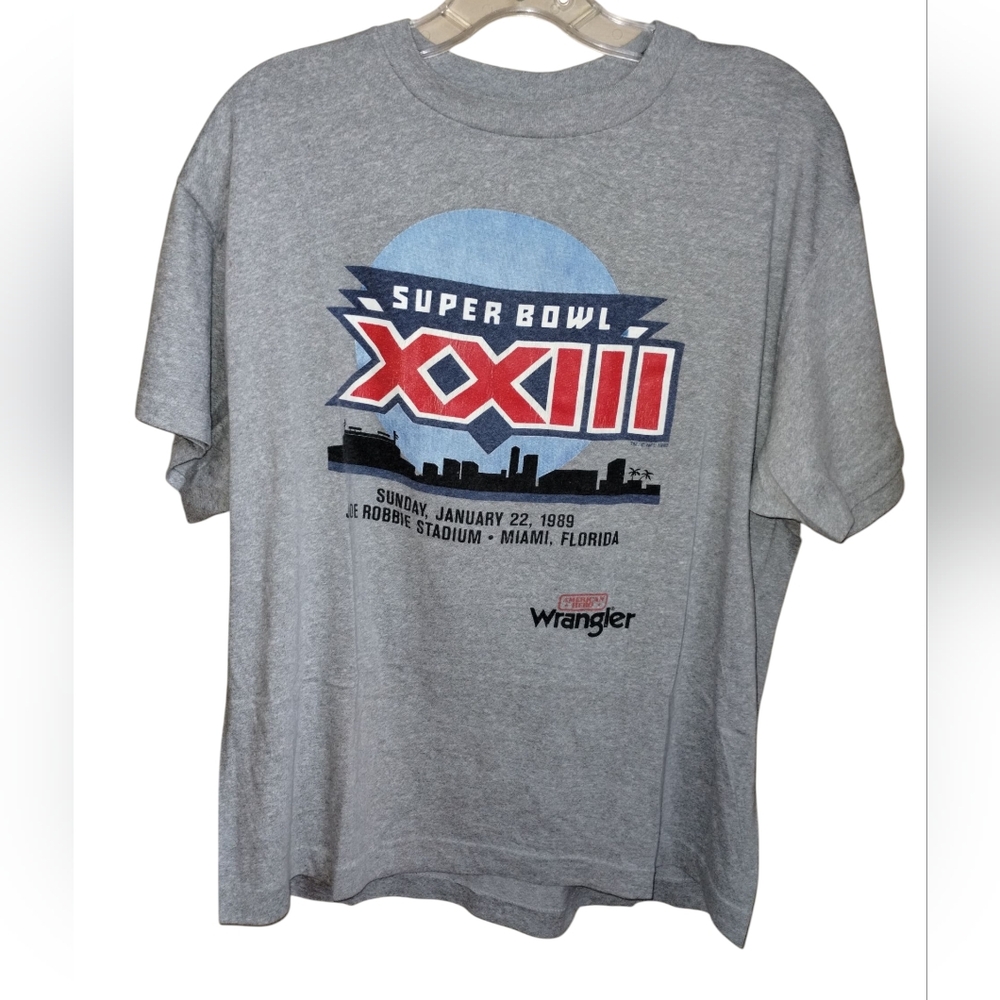 Vtg '89 Wrangler NFL Super Bowl XXIII T-shirt Grey XL Miami Bengals v 49ers